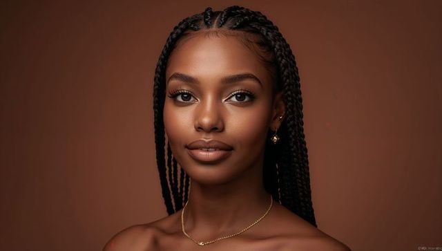 Elegant woman showing long box braids and gold jewelry, studio headshot portrait