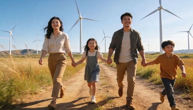 Family walking hand in hand through wind farm under clear blue sky