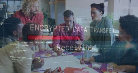Professional team discussing innovations in encrypted data setting