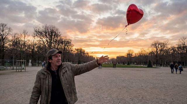 Solitary man reaching for red heart balloon at sunset on urban park promenade
