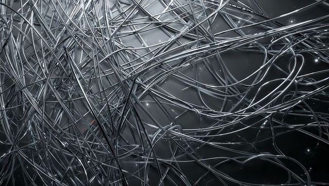 Intricate metallic wire mesh in dark abstract background