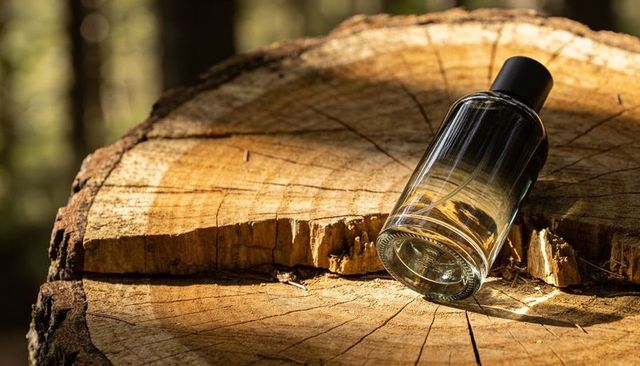 Sunlit perfume bottle lying on cut tree stump with amber liquid and rich wood texture