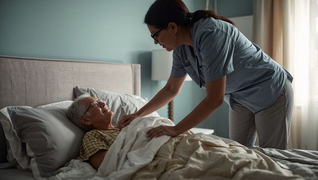 Home caregiver tucking elderly woman into bed, compassionate bedside nursing and homecare