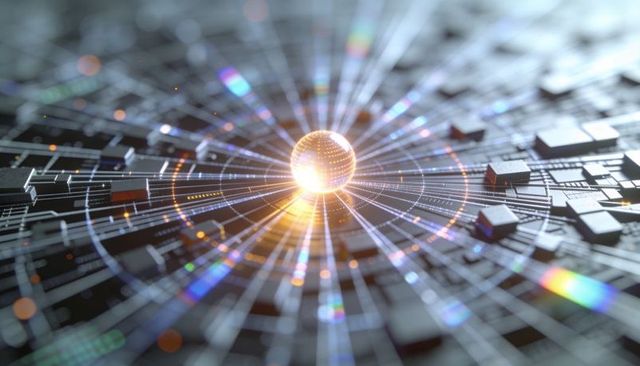 Golden Orb Radiating Data Streams over Futuristic Circuit Core with Concentric Rings