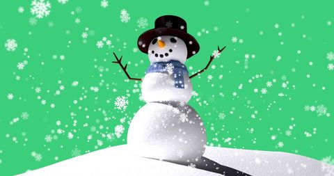 Cheerful Snowman Amid Falling Snowflakes on Green Backdrop