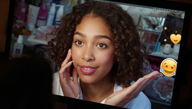 Beauty influencer filming skincare routine with emojis