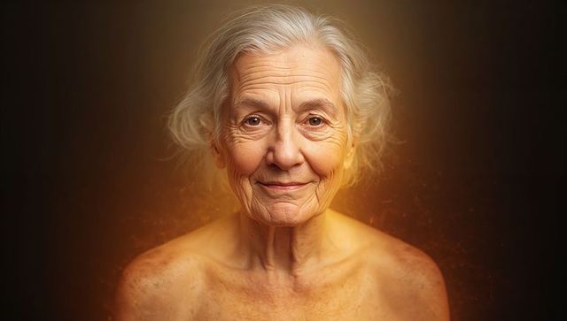 Smiling senior woman with warm halo glow and detailed skin texture, gentle wrinkles