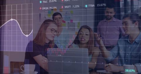 Diverse Team Analyzing Data with Digital Financial Graph Interface