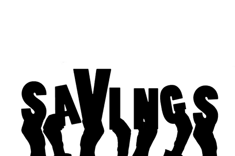 Transparent illustration of hands holding 'savings' text