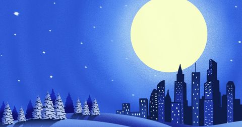 Santa Flying Over Cityscape with Full Moon Background