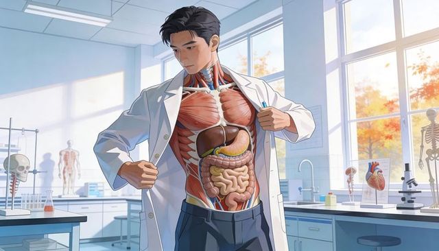 Asian male anatomist revealing internal organs and musculature in bright university lab