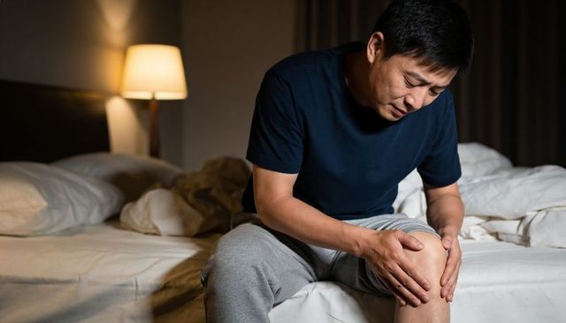Midlife asian man holding knee while sitting on bed at night experiencing knee pain