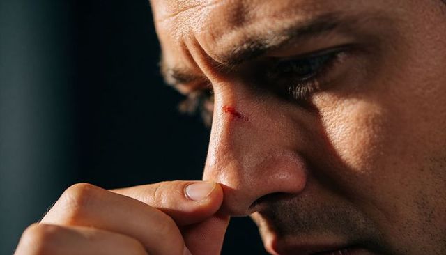 Inspecting small cut on nose bridge closeup portrait of man touching nose in thought