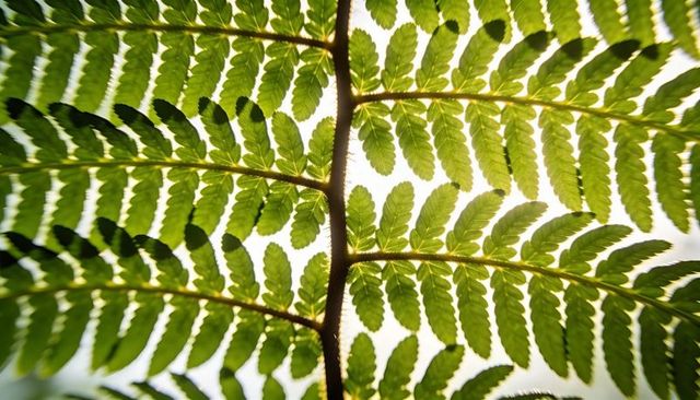 Backlit fern frond glowing with translucent pinnules revealing hairy rachis closeup