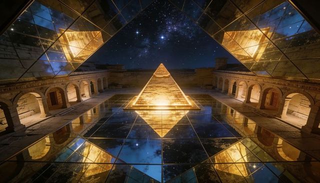 Floating golden pyramid illuminating mirrored courtyard under starry night sky