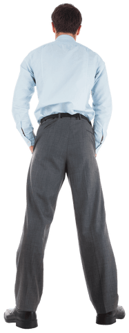 image shows transparent view of businessman standing confidently with hands in pockets. he is dressed in professional attire, complete with a blue shirt and gray business pants. this image is useful for business presentations, marketing materials, and professional websites where highlighting corporate or professional themes is desired.