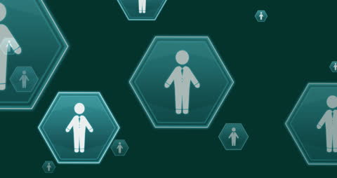 Digital Business Icons on Green Hexagonal Background