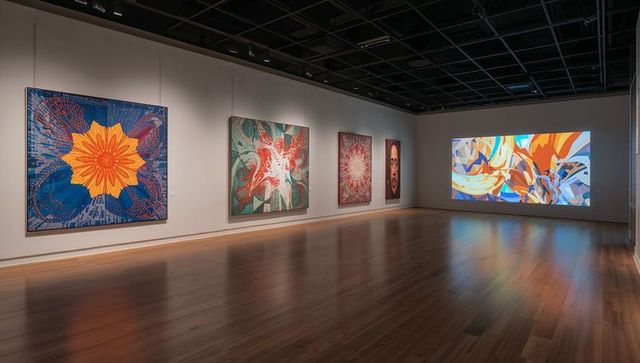 Contemporary art gallery features vibrant abstract creations