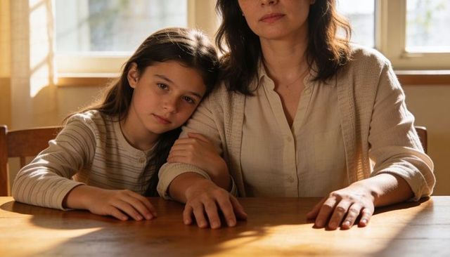 Mother and daughter sharing quiet sunlit moment at wooden table, tender family bond