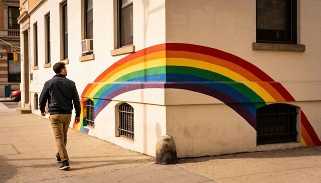 Man walking past rainbow mural on urban corner sidewalk in sunlight