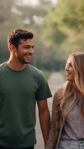 Couple Holding Hands Walking and Smiling on Park Path during Golden Hour - Vertical Video