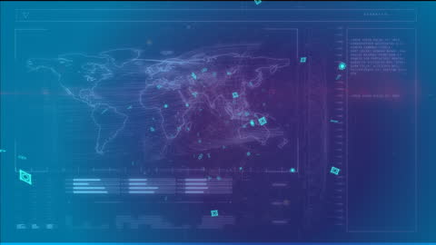 Futuristic Digital World Map Interface with Data Streams
