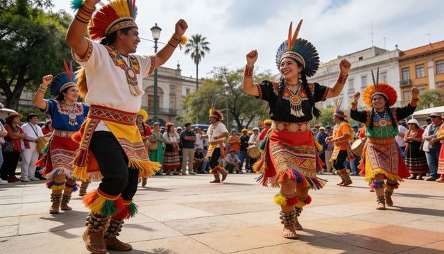 Vibrant feathered dancers performing traditional ritual in historic town plaza festival