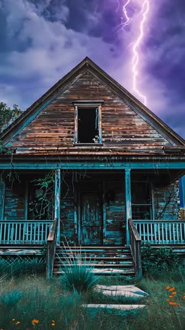 Lightning striking abandoned farmhouse during violet thunderstorm vertical video