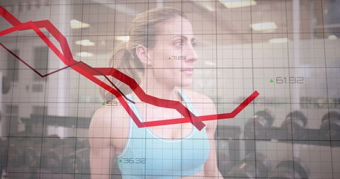 Fit Woman Post-Workout with Overlay of Financial Data