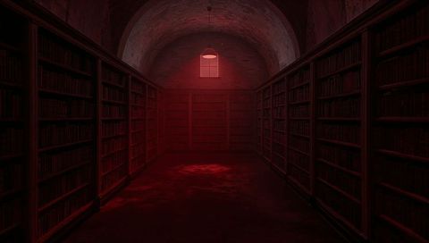 Subterranean library corridor bathing in red light under vaulted brick arch