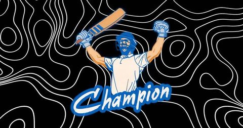 Cricket champion celebrating victory with raised bat and fist on contour background