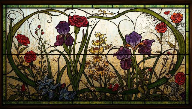 Vibrant stained glass panel with intricate floral design