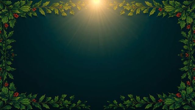 Festive Holly Border with Sunburst on Dark Emerald Background for Holiday Greetings