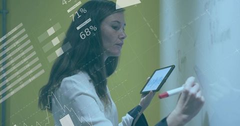 Business analyst writing on whiteboard with tablet for data visualization