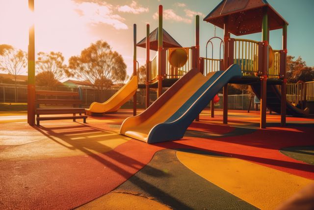Ideal for content centered on childhood activities, outdoor play, family-friendly environments, and community parks. This stock image showcases a vibrant, well-equipped playground caught in the warm glow of the setting sun, highlighting the colorful equipment and safe, recreational space.