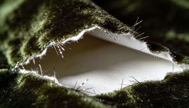 Revealing torn olive-green velvet exposing white backing and metallic thread details