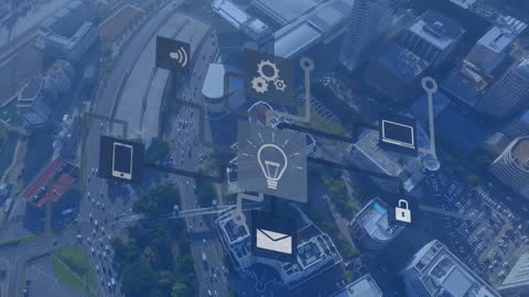 Digital Connectivity Icons Over Urban Cityscape
