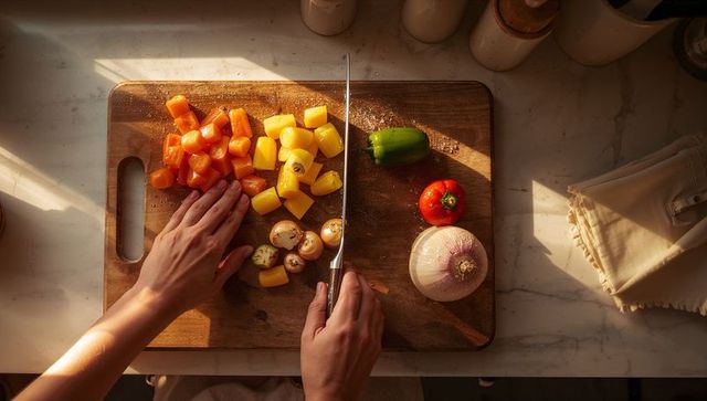 Sunlit kitchen hands slicing bell peppers and mushrooms on rustic wooden cutting board