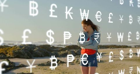 Woman on Beach with Currency Symbols Overlay Finances Concept