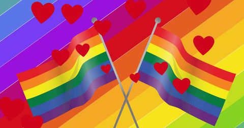 LGBTQ Pride Flags with Falling Red Hearts on Rainbow Background
