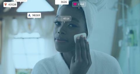 Woman practicing skincare with social media elements overlay