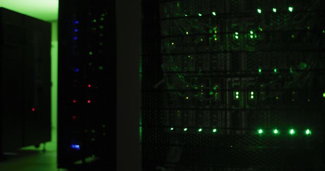 Close up of green control lights flashing on computer servers in tech room - Download Free Stock Photos Pikwizard.com
