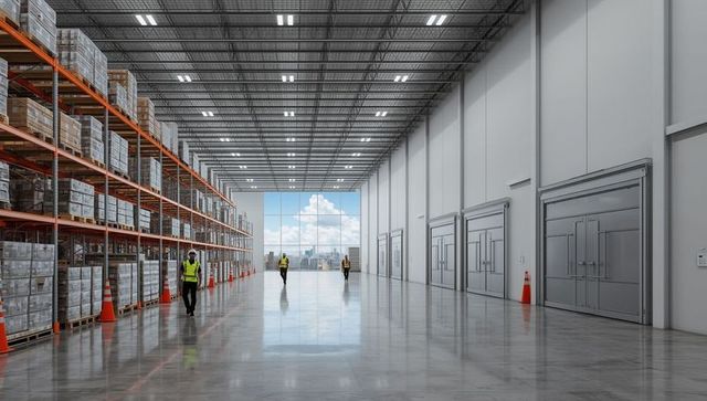 Worker in Modern Warehouse with Metal Shelving and Safety Gear