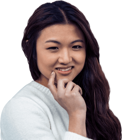 Smiling Asian Woman with Hand on Chin on Transparent Background