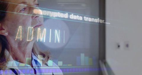 Senior doctor reviewing holographic admin interface for encrypted medical data transfer
