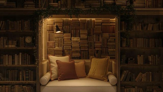 Cozy book nook with cushioned bench, vintage books, warm led reading lamp and earth tones