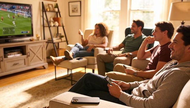 Friends cheering while watching soccer on tv in cozy living room during weekend hangout