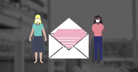 Women with masks standing by open mail icon symbolizing communication