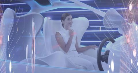 Smiling woman in futuristic autonomous car interface background
