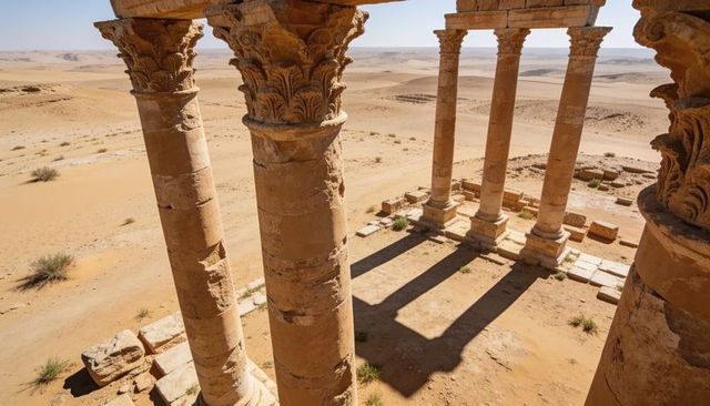 Ancient corinthian columns casting long shadows over desert ruins